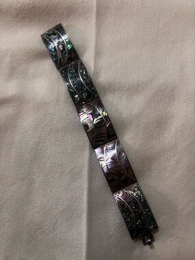 Vintage Mexican Iridescent Silver 925 Abalone Inlay Link Bracelet